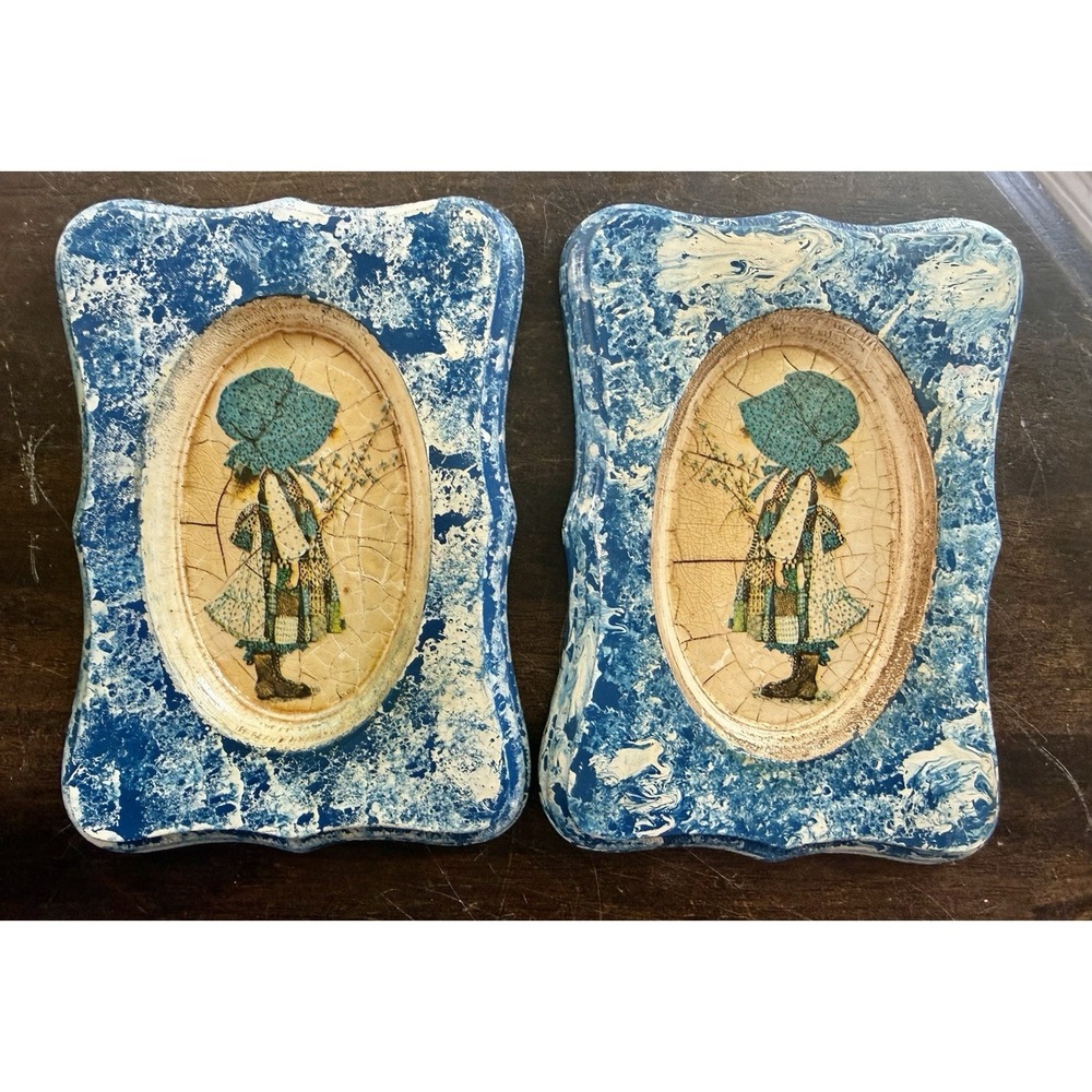 Vintage Handmade Folk Art Wall Plaques Blue Bonnet Girl Pair 7" Crackle Finish